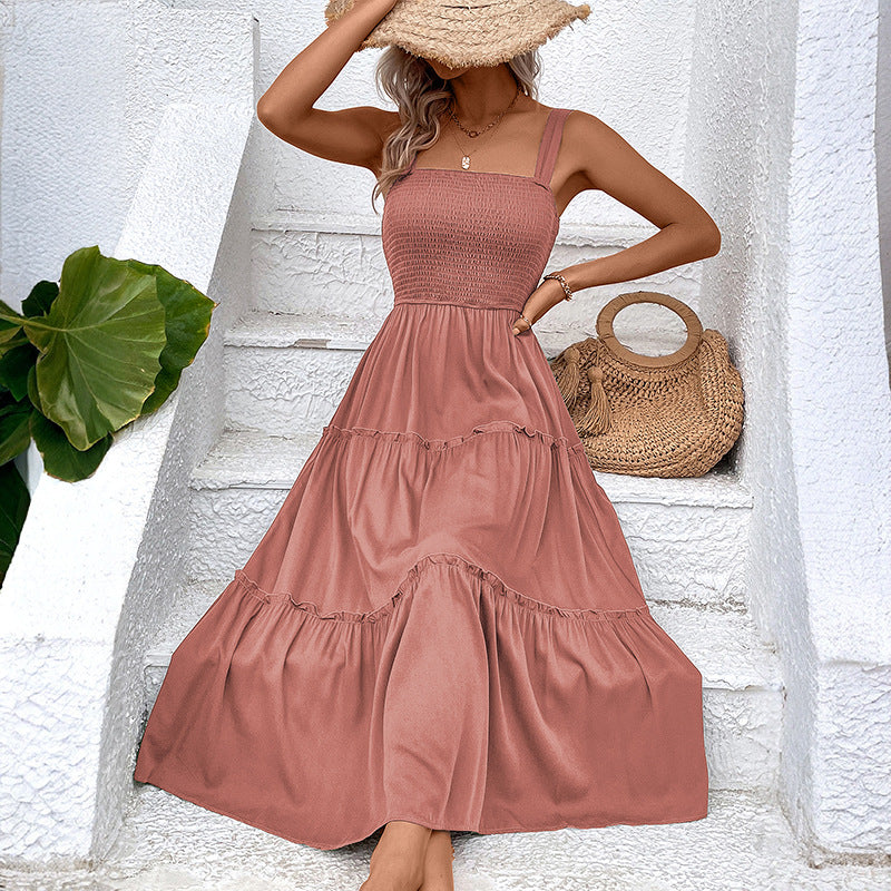 Pulling straps and sleeveless dress