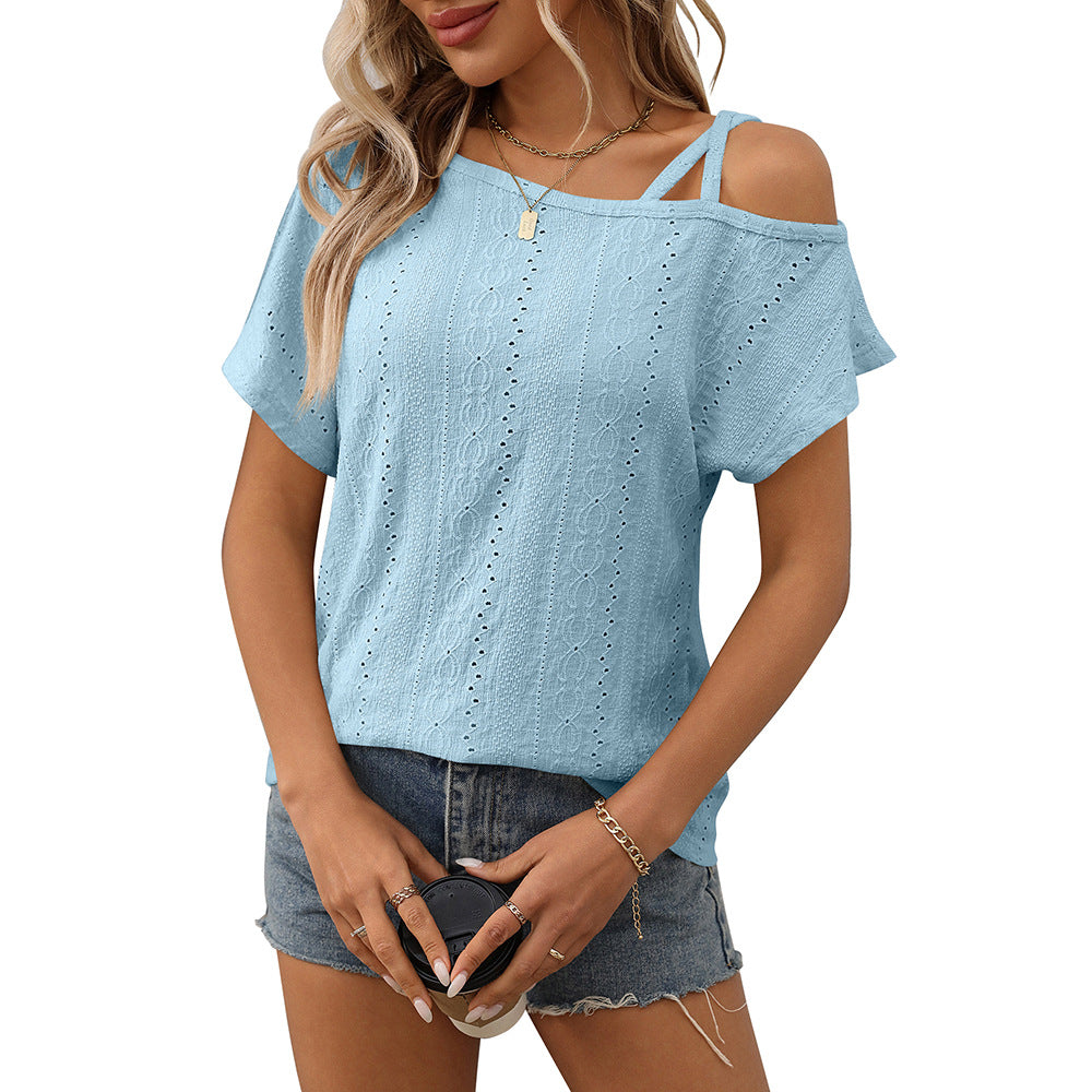 One shoulder short sleeved T-shirt hollowed out top