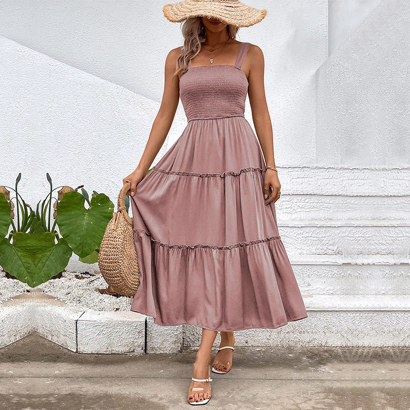 Pulling straps and sleeveless dress