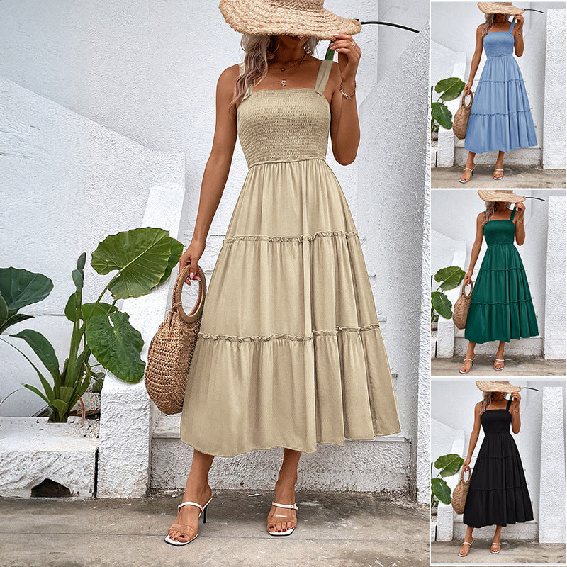 Pulling straps and sleeveless dress