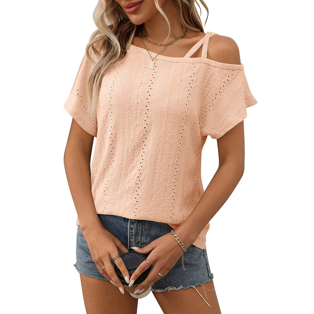 One shoulder short sleeved T-shirt hollowed out top