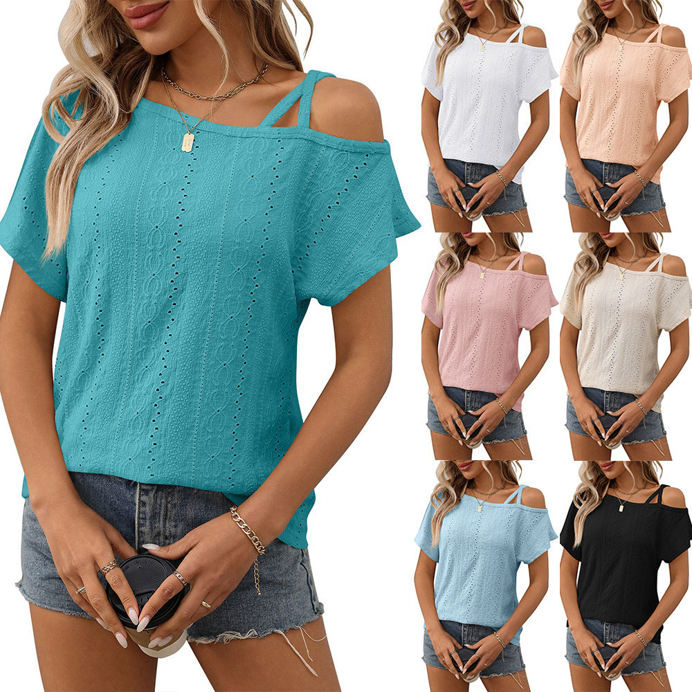 One shoulder short sleeved T-shirt hollowed out top