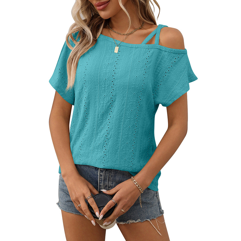 One shoulder short sleeved T-shirt hollowed out top