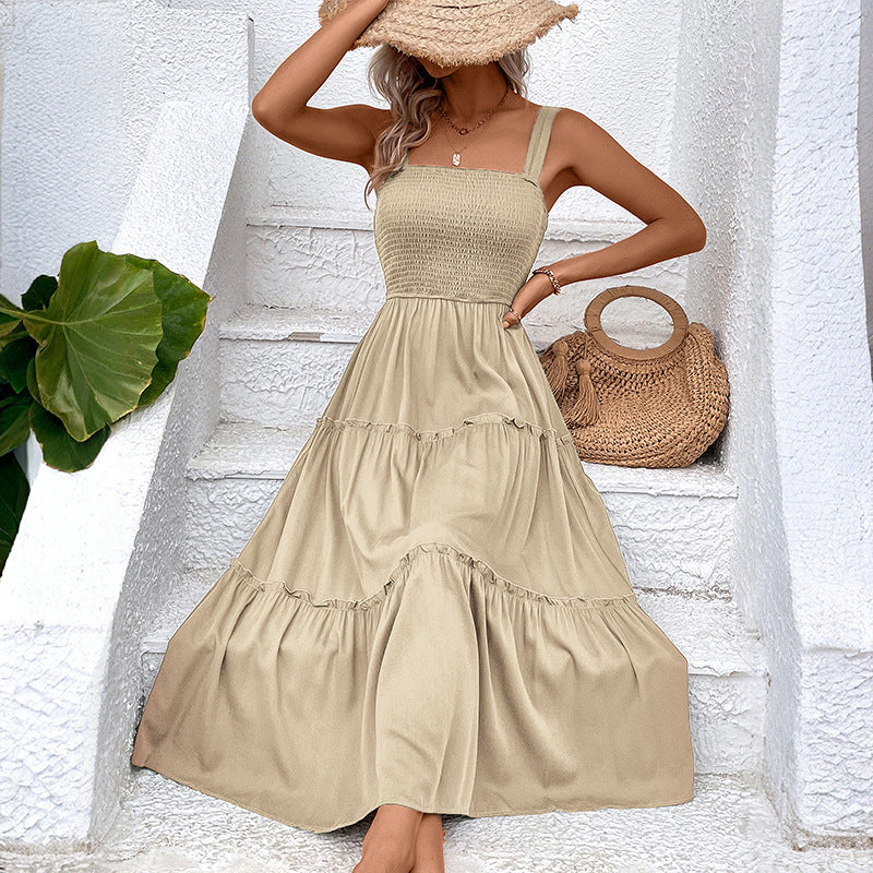 Pulling straps and sleeveless dress