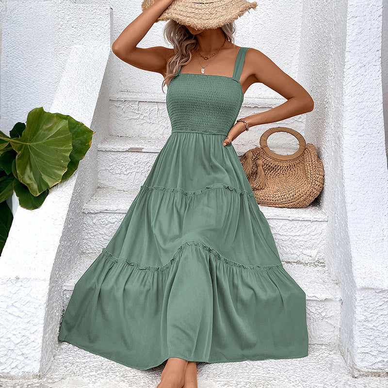 Pulling straps and sleeveless dress