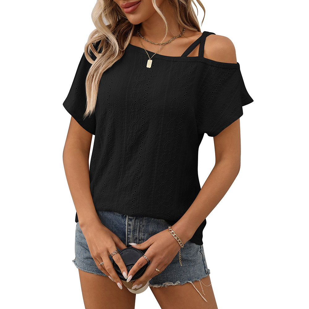One shoulder short sleeved T-shirt hollowed out top