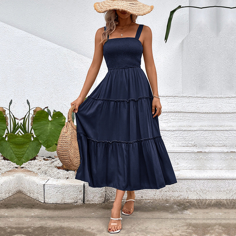 Pulling straps and sleeveless dress