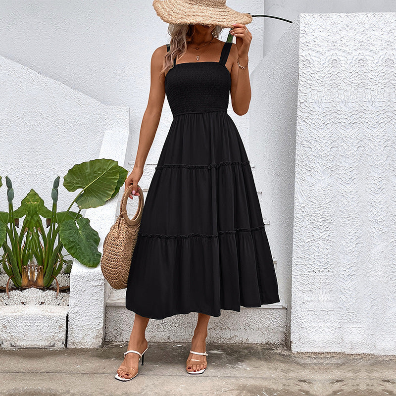 Pulling straps and sleeveless dress