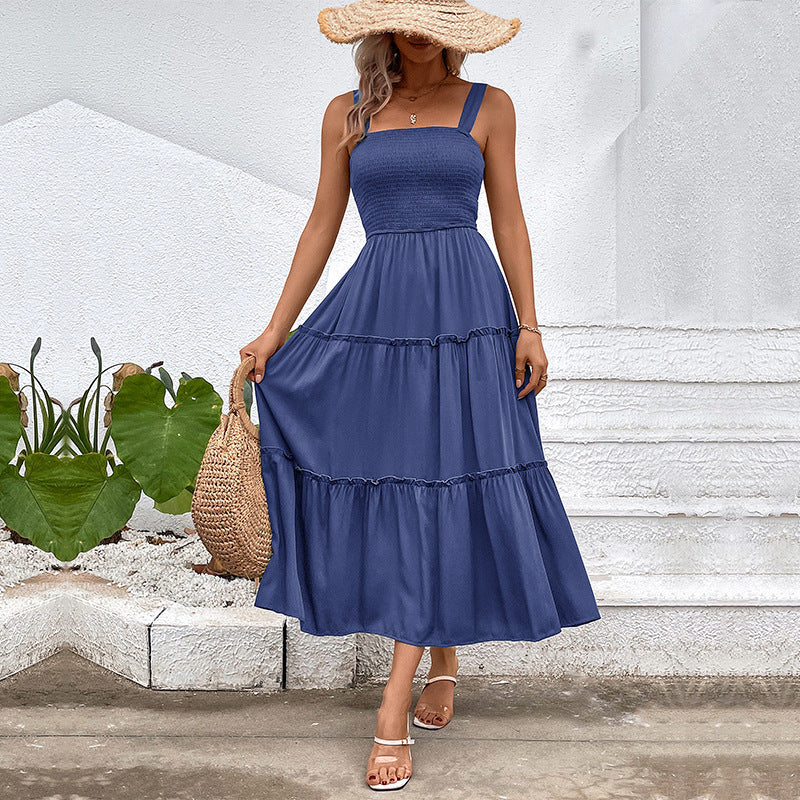 Pulling straps and sleeveless dress